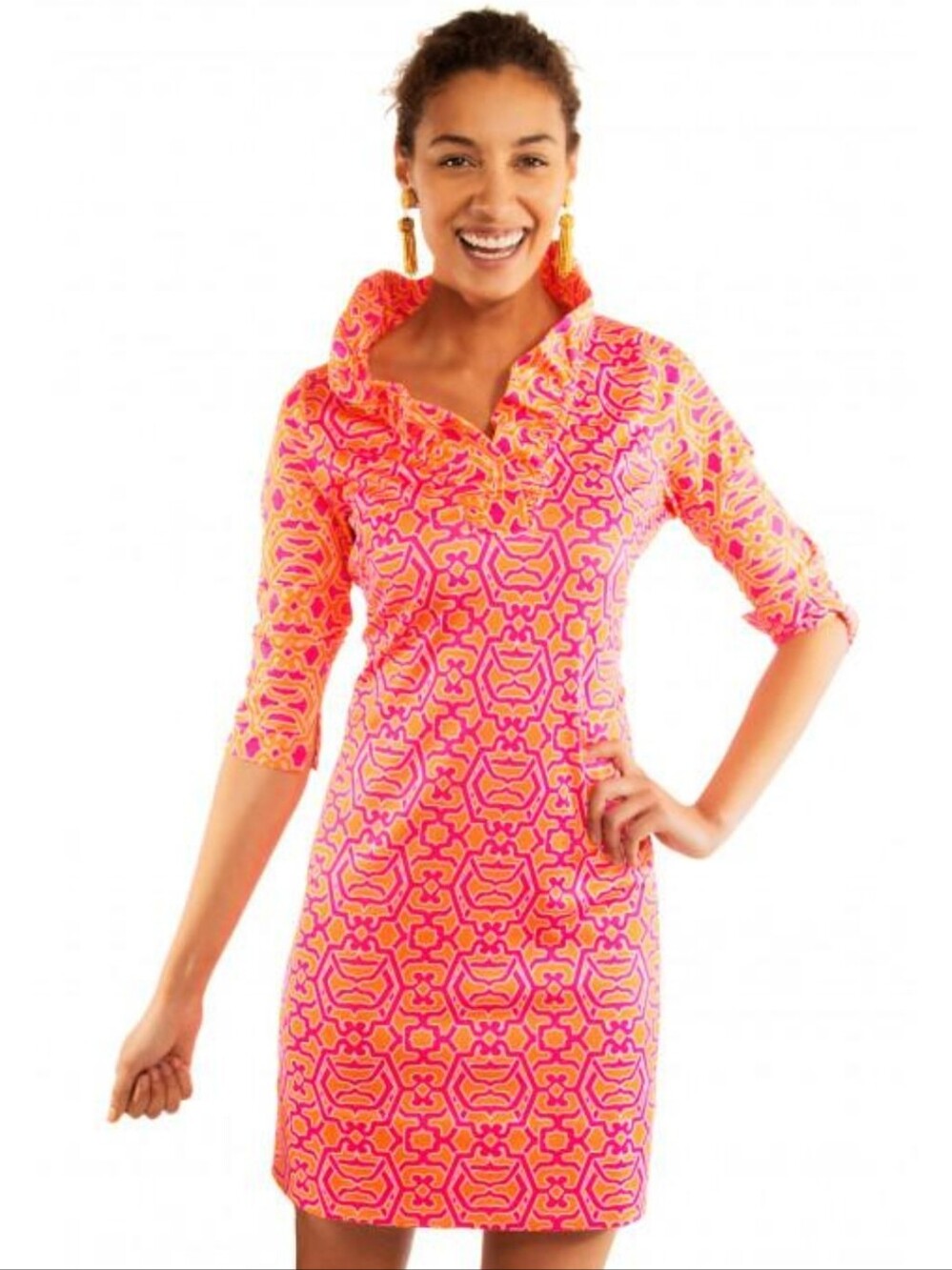 Gretchen Scott Ruffle Neck In Rio Grace Pink and Orange Patterned Dress